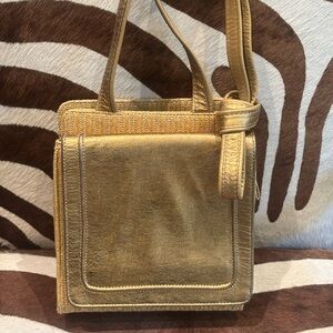 Gold Leather and Straw Shoulder Bag